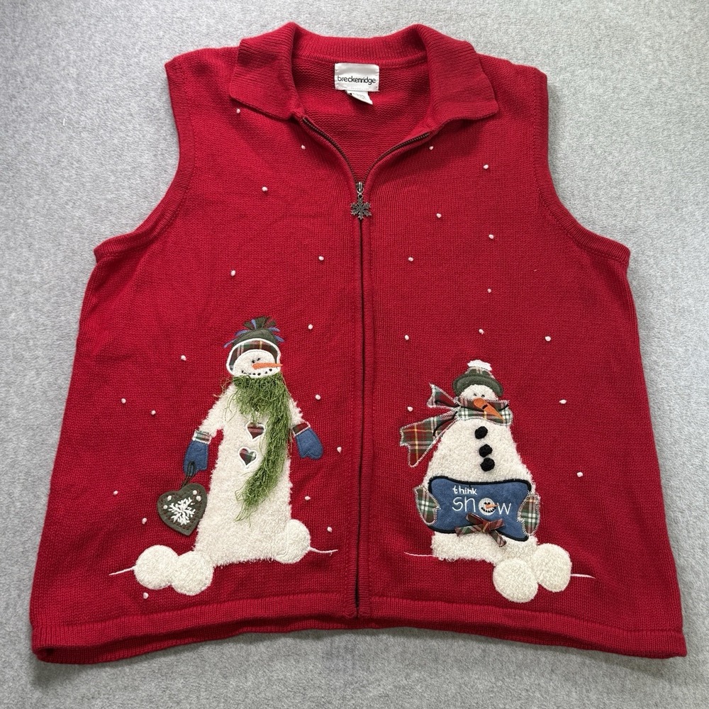 Breckenridge Snowman‎ Sweater Vest Women's L Red Ugly Christmas Holiday Knit
